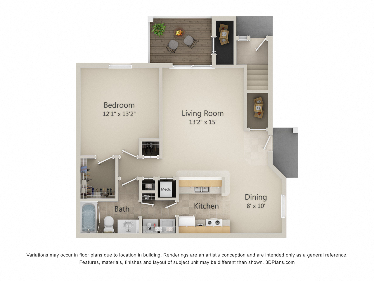 Floor plan for 1 bed, 1 bath, 805 sqft